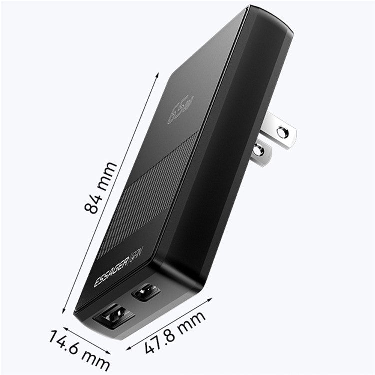 ESSAGER Type-C + USB-A Dual Port 65W Ultra Thin GaN Travel Charger with Detachable US Plug