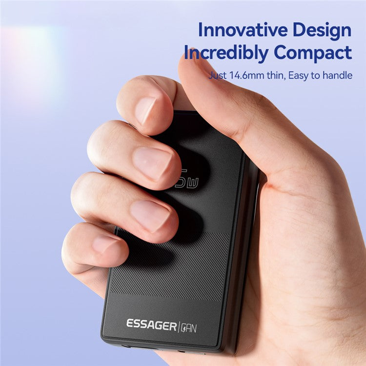 ESSAGER 65W Ultra Thin GaN Travel Charger Type-C + USB-A Dual Port Adapter with Detachable Plug - EU Plug