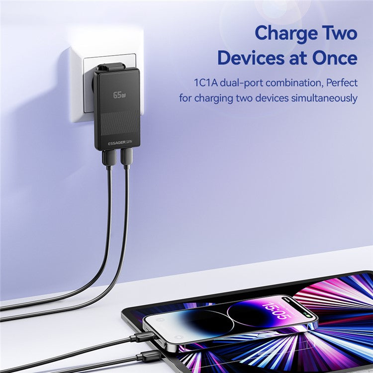 ESSAGER 65W Ultra Thin GaN Travel Charger Type-C + USB-A Dual Port Adapter with Detachable Plug - EU Plug