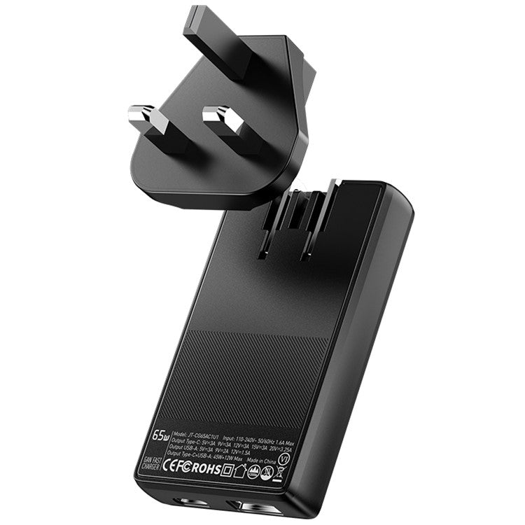 ESSAGER 65W Ultra Thin GaN Travel Charger Type-C + USB-A Dual Port Adapter with Detachable Plug - UK Plug