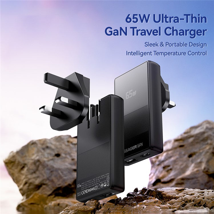 ESSAGER 65W Ultra Thin GaN Travel Charger Type-C + USB-A Dual Port Adapter with Detachable Plug - UK Plug
