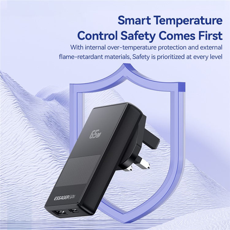 ESSAGER 65W Ultra Thin GaN Travel Charger Type-C + USB-A Dual Port Adapter with Detachable Plug - UK Plug