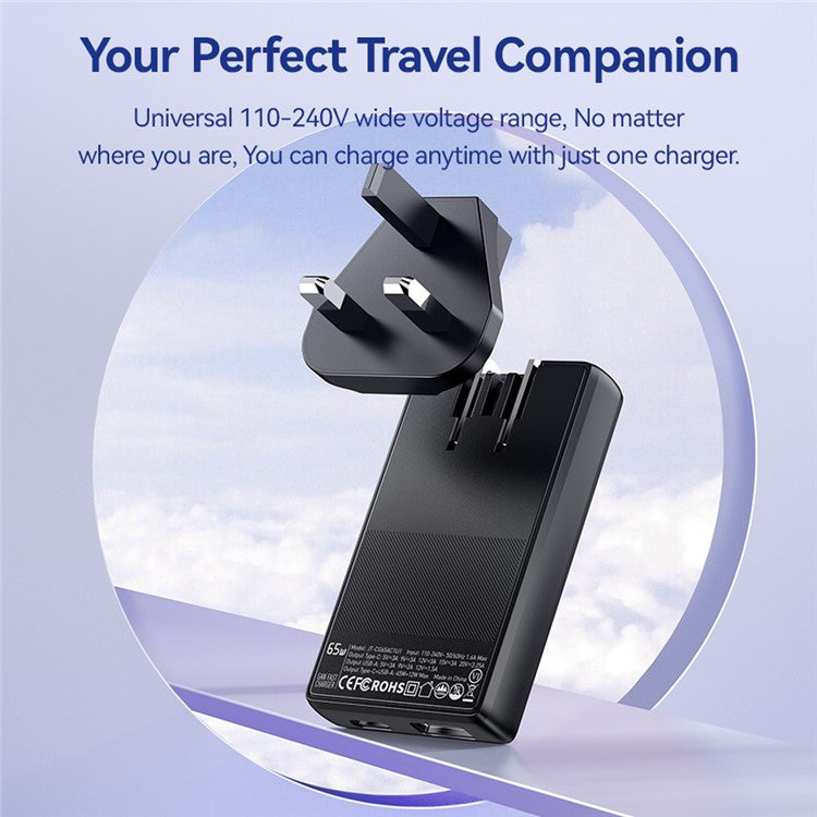 ESSAGER 65W Ultra Thin GaN Travel Charger Type-C + USB-A Dual Port Adapter with Detachable Plug - UK Plug
