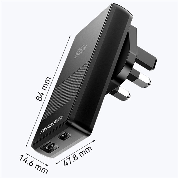 ESSAGER 65W Ultra Thin GaN Travel Charger Type-C + USB-A Dual Port Adapter with Detachable Plug - UK Plug
