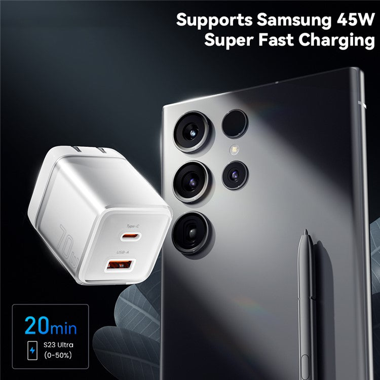 ESSAGER GaN 70W USB+Type-C Wall Charger Plug Charging Adapter - US Plug / White