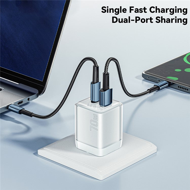 ESSAGER GaN 70W USB+Type-C Wall Charger Plug Charging Adapter - US Plug / White