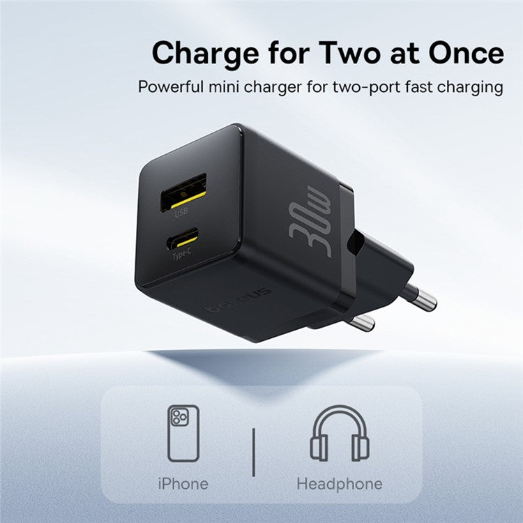 BASEUS Palm Fast Charger 30W Type-C+USB Dual Port Portable Wall Charging Adapter, EU Plug - Black