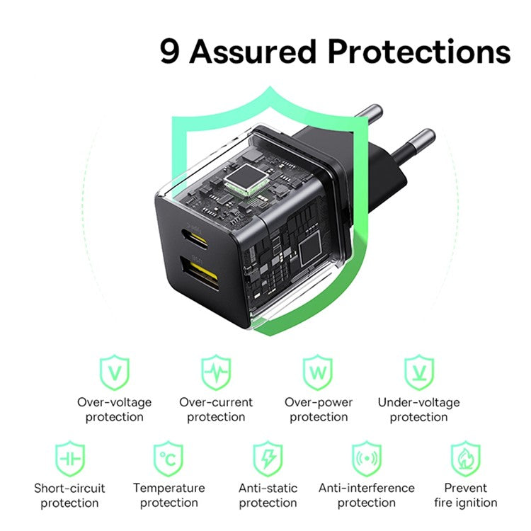 BASEUS Palm Fast Charger 30W Type-C+USB Dual Port Portable Wall Charging Adapter, EU Plug - Black