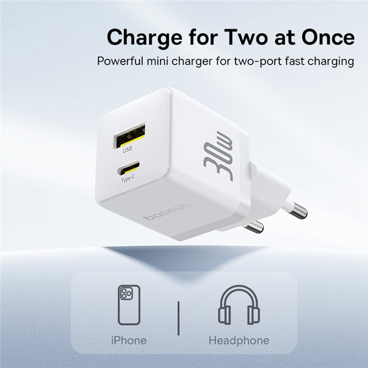 BASEUS Palm Fast Charger 30W Type-C+USB Dual Port Portable Wall Charging Adapter, EU Plug - White