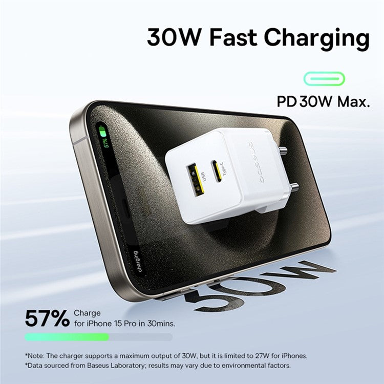 BASEUS Palm Fast Charger 30W Type-C+USB Dual Port Portable Wall Charging Adapter, EU Plug - White
