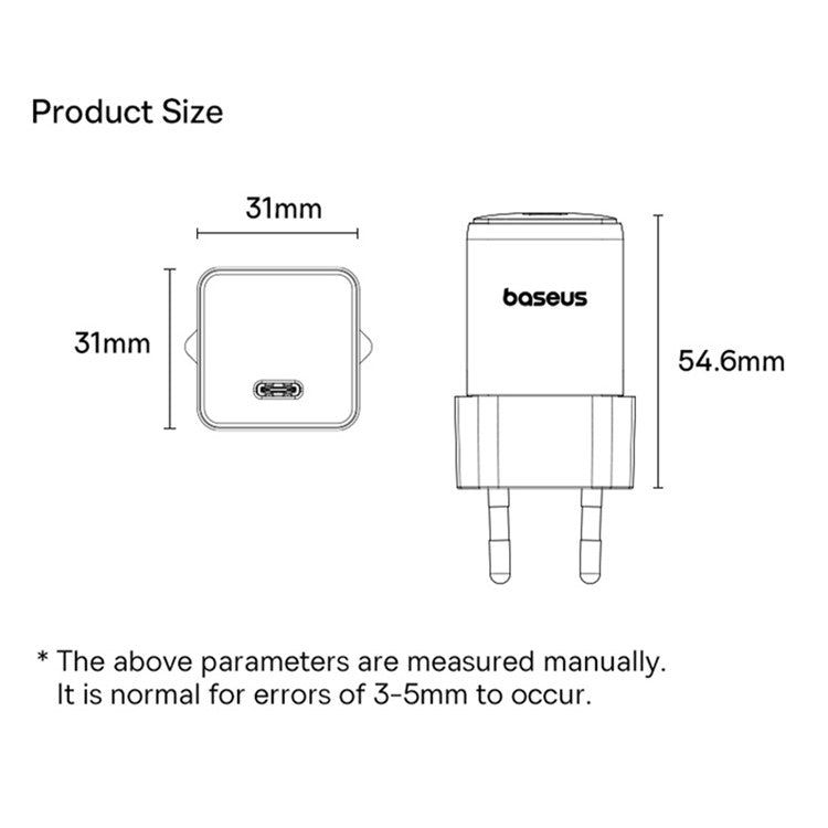 BASEUS Palm Fast Charger 30W Type-C Single Port Portable Wall Charging Adapter, EU Plug - Black