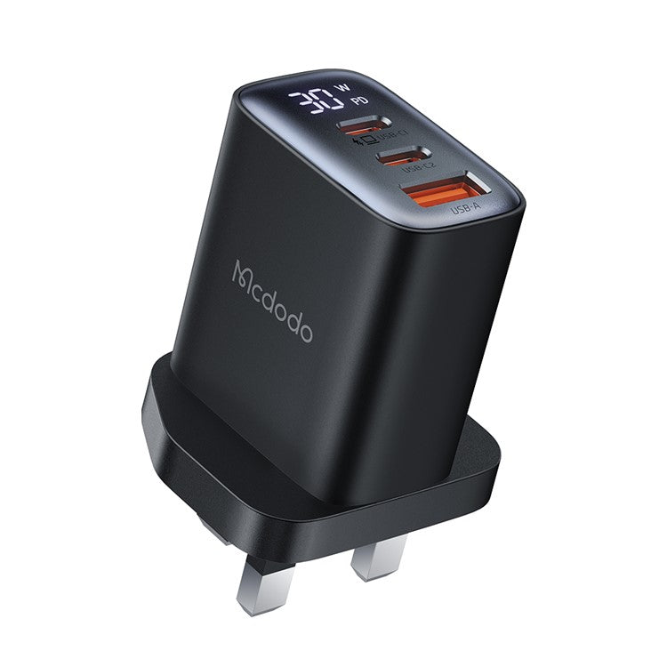 MCDODO CH-2170 30W 3-Port Digital Display Fast Charger (Dual Type-C+USB-A), UK Plug - Black