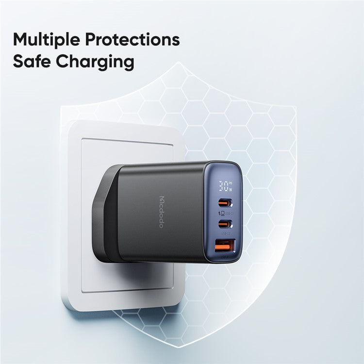 MCDODO CH-2170 30W 3-Port Digital Display Fast Charger (Dual Type-C+USB-A), UK Plug - Black