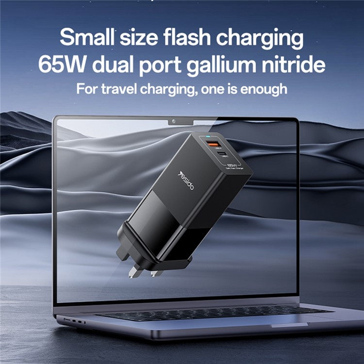 YESIDO YC92 USB-A + Type-C Dual Port 65W Fast Charging Power Adapter with Type-C Cable, UK Plug