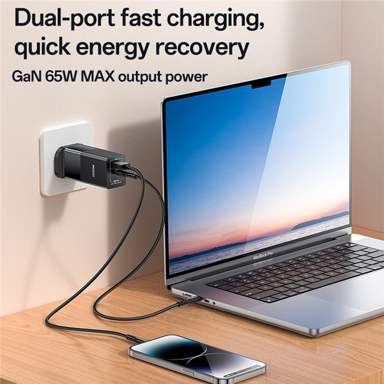 YESIDO YC92 USB-A + Type-C Dual Port 65W Fast Charging Power Adapter with Type-C Cable, UK Plug