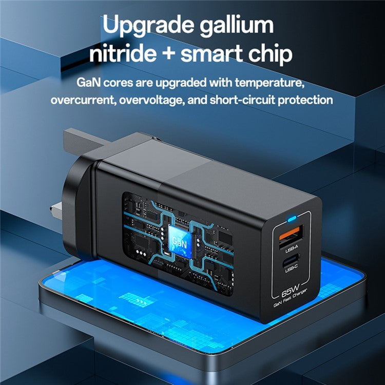 YESIDO YC92 USB-A + Type-C Dual Port 65W Fast Charging Power Adapter with Type-C Cable, UK Plug