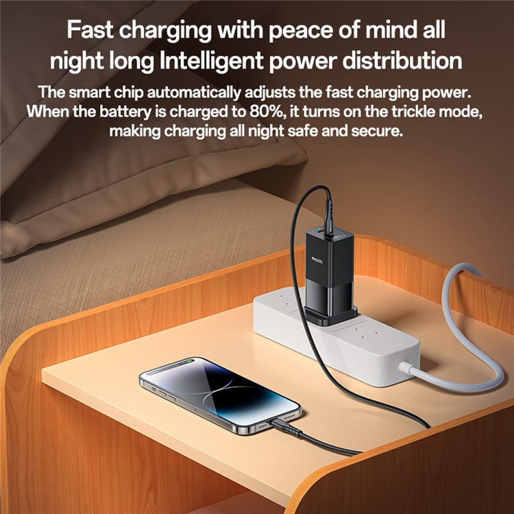 YESIDO YC92 USB-A + Type-C Dual Port 65W Fast Charging Power Adapter with Type-C Cable, UK Plug