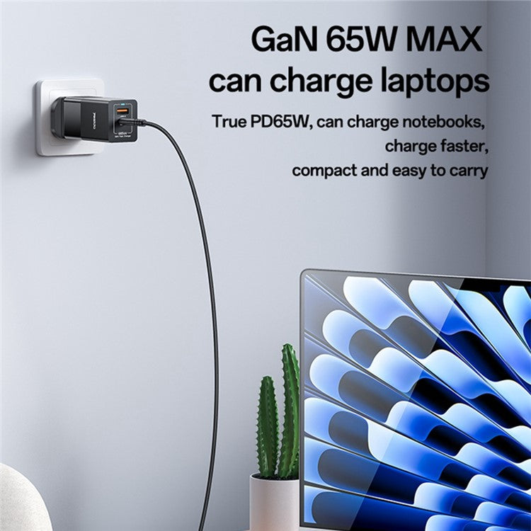 YESIDO YC92 USB-A + Type-C Dual Port 65W Fast Charging Power Adapter with Type-C Cable, UK Plug