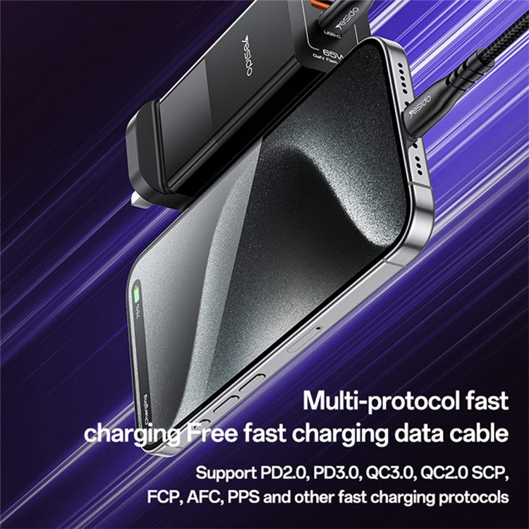 YESIDO YC92 USB-A + Type-C Dual Port 65W Fast Charging Power Adapter with Type-C Cable, UK Plug