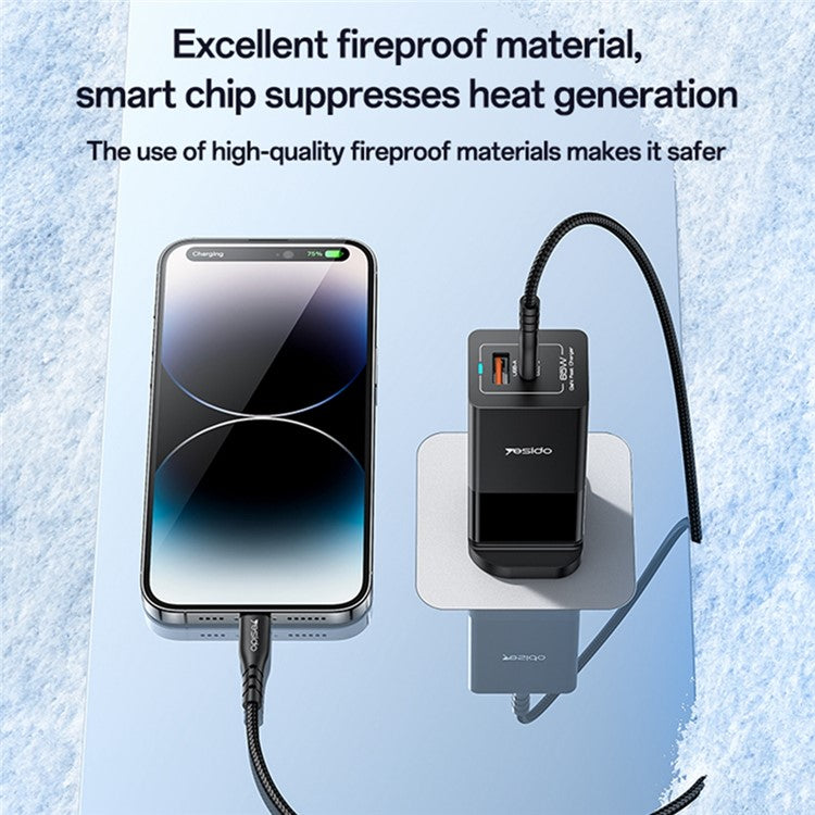 YESIDO YC92 USB-A + Type-C Dual Port 65W Fast Charging Power Adapter with Type-C Cable, UK Plug