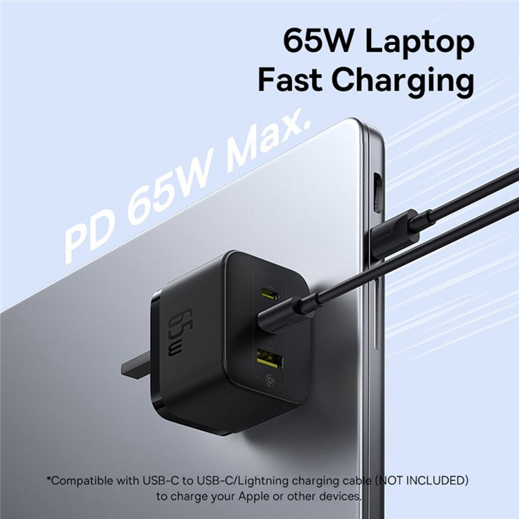 BASEUS Palm Fast Charger Portable 2 Type-C+USB-A 65W GaN Power Adapter, UK Plug - Black