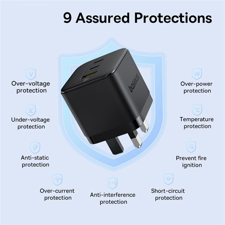 BASEUS Palm Fast Charger Portable 2 Type-C+USB-A 65W GaN Power Adapter, UK Plug - Black