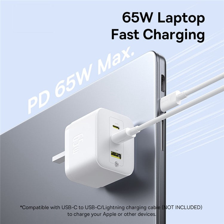 BASEUS Palm Fast Charger Portable 2 Type-C+USB-A 65W GaN Power Adapter, UK Plug - White