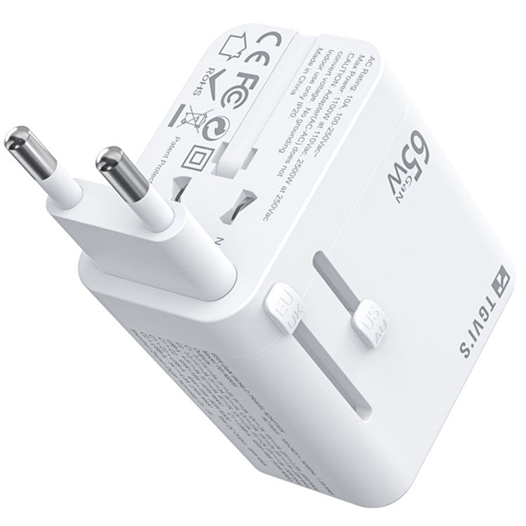 TGVI's Universal Travel Adapter GaN 65W Fast Charger with 1 USB-A + 2 Type-C Ports - White