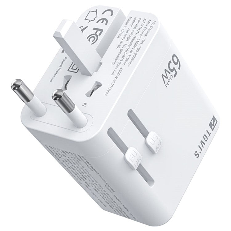 TGVI's Universal Travel Adapter GaN 65W Fast Charger with 1 USB-A + 2 Type-C Ports - White