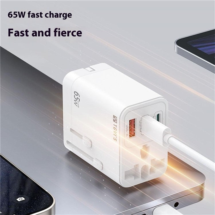 TGVI's Universal Travel Adapter GaN 65W Fast Charger with 1 USB-A + 2 Type-C Ports - White