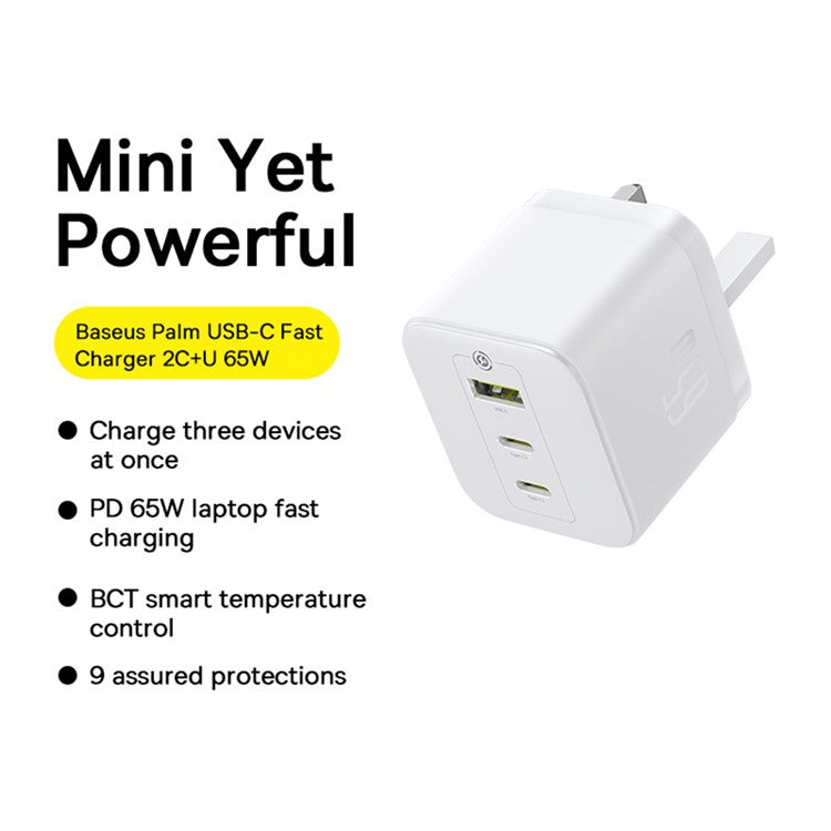 BASEUS Palm Fast Charger 2 Type-C + USB-A 65W Power Adapter UK Plug with 1m 100W Type-C Cable - White