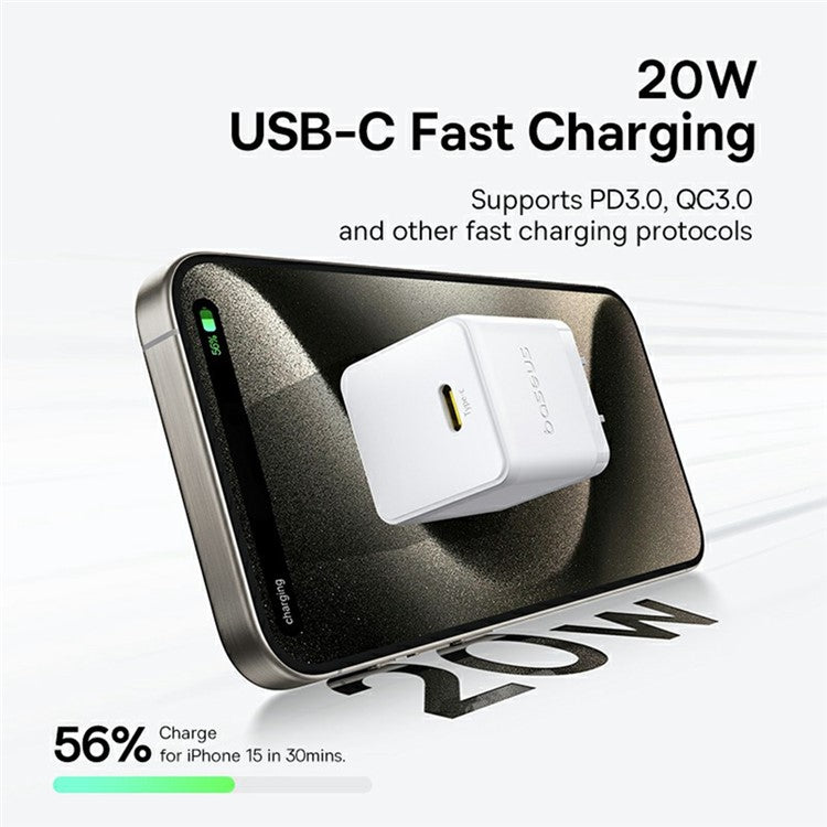 BASEUS Palm Fast Charger 20W Type-C Single Port Power Adapter US Plug with 1m 60W Type-C Cable - White