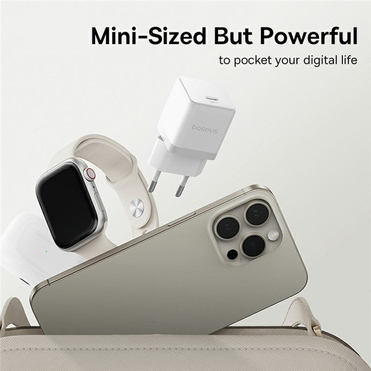 BASEUS Palm Fast Charger 20W Type-C Single Port Power Adapter EU Plug with 1m 60W Type-C Cable - White