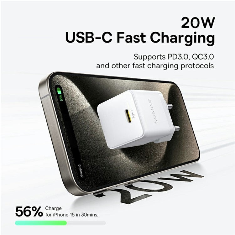 BASEUS Palm Fast Charger 20W Type-C Single Port Power Adapter EU Plug with 1m 60W Type-C Cable - White