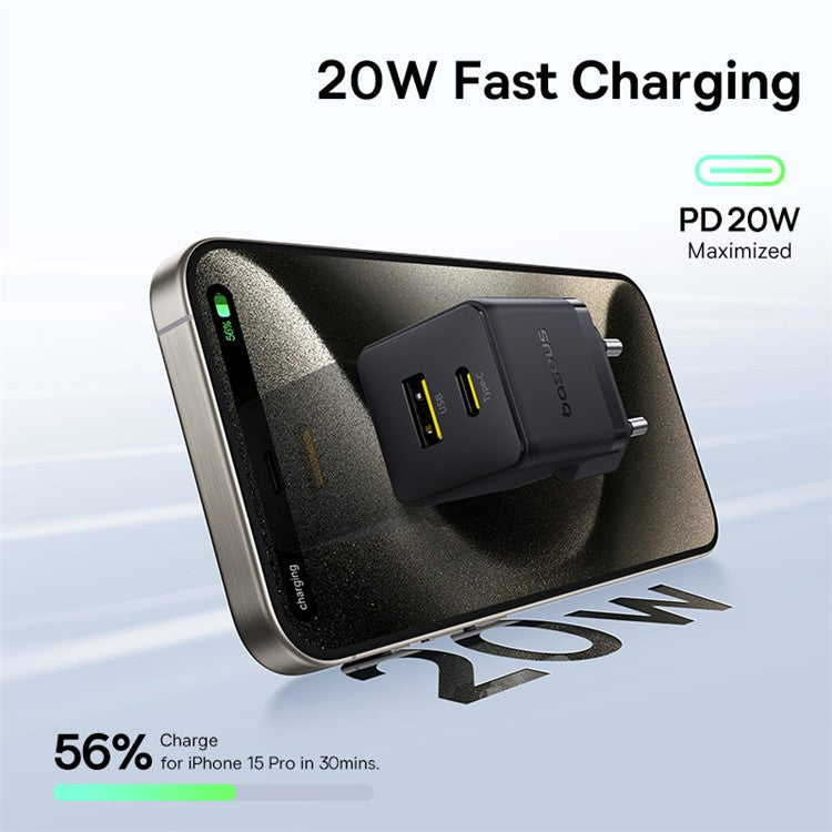 BASEUS Palm USB+Type-C Dual Port 20W Fast Charger EU Plug Wall Charging Adapter with 60W Type-C Cable - Black