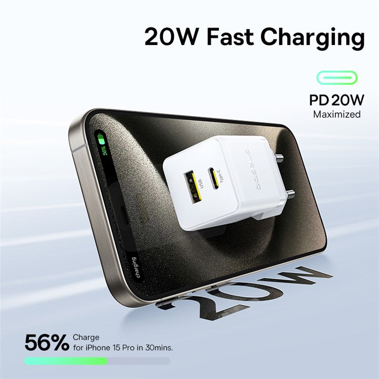 BASEUS Palm USB+Type-C Dual Port 20W Fast Charger EU Plug Wall Charging Adapter with 60W Type-C Cable - White