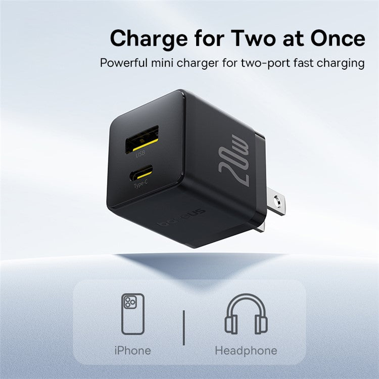 BASEUS Palm USB+Type-C Dual Port 20W Fast Charger US Plug Wall Charging Adapter with 60W Type-C Cable - Black