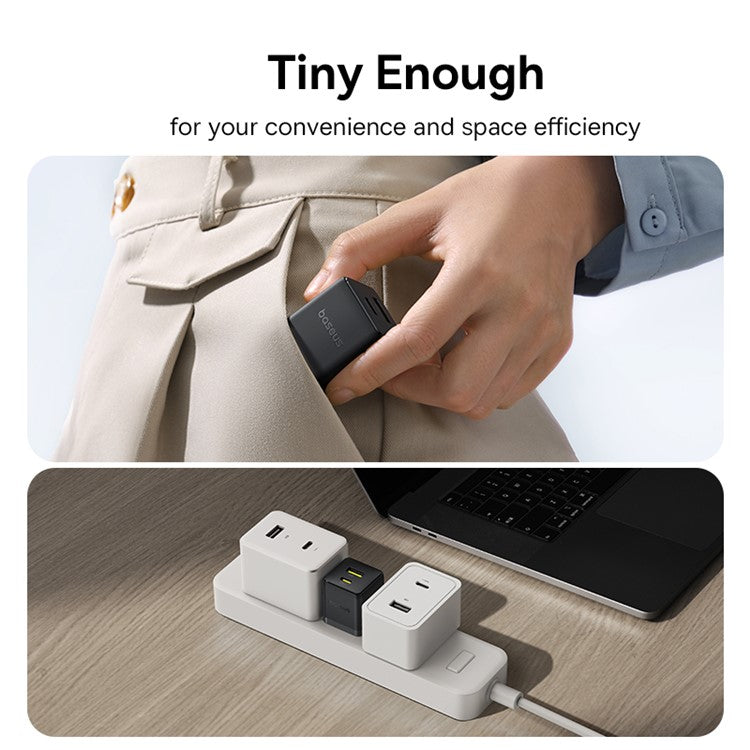 BASEUS Palm USB+Type-C Dual Port 20W Fast Charger US Plug Wall Charging Adapter with 60W Type-C Cable - Black