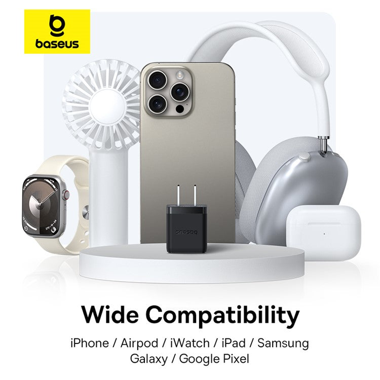 BASEUS Palm USB+Type-C Dual Port 20W Fast Charger US Plug Wall Charging Adapter with 60W Type-C Cable - Black