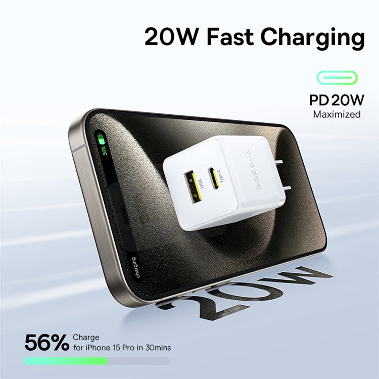 BASEUS Palm USB+Type-C Dual Port 20W Fast Charger US Plug Wall Charging Adapter with 60W Type-C Cable - White