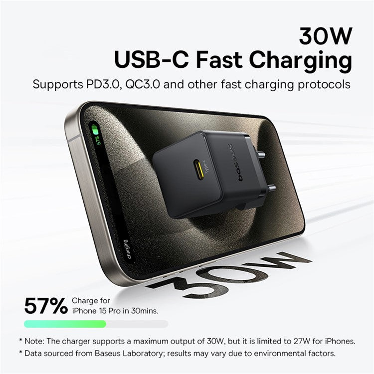BASEUS Palm Fast Charger 30W Type-C Single Port EU Plug Wall Charging Adapter with 60W Type-C Cable - Black