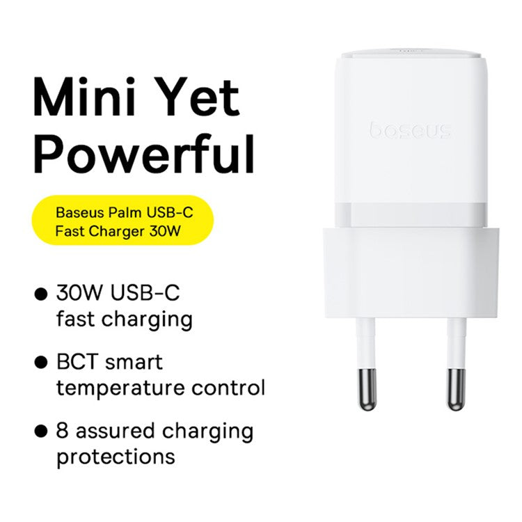 BASEUS Palm Fast Charger 30W Type-C Single Port EU Plug Wall Charging Adapter with 60W Type-C Cable - White