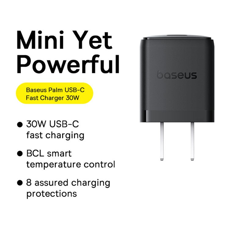 BASEUS Palm Fast Charger 30W Type-C Single Port US Plug Wall Charging Adapter with 60W Type-C Cable - Black