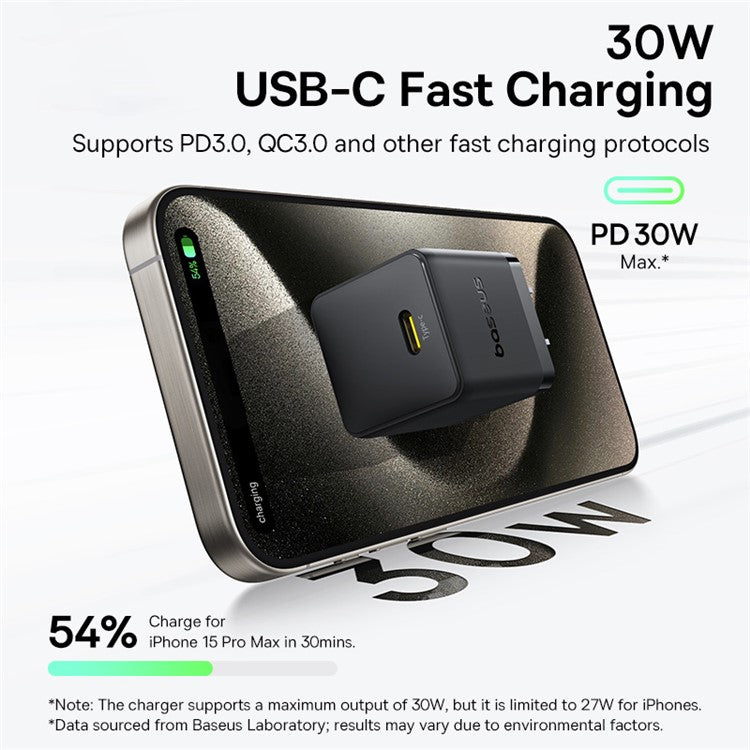 BASEUS Palm Fast Charger 30W Type-C Single Port US Plug Wall Charging Adapter with 60W Type-C Cable - Black