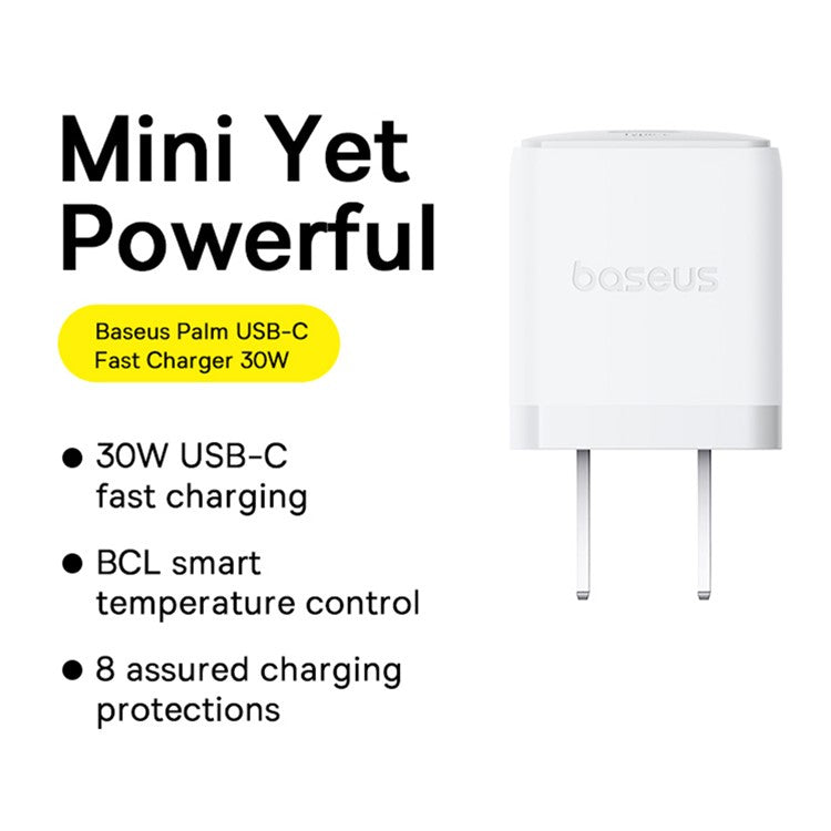 BASEUS Palm Fast Charger 30W Type-C Single Port US Plug Wall Charging Adapter with 60W Type-C Cable - White