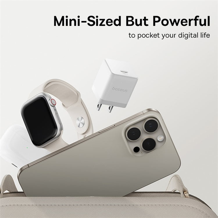 BASEUS Palm Fast Charger 30W Type-C Single Port US Plug Wall Charging Adapter with 60W Type-C Cable - White