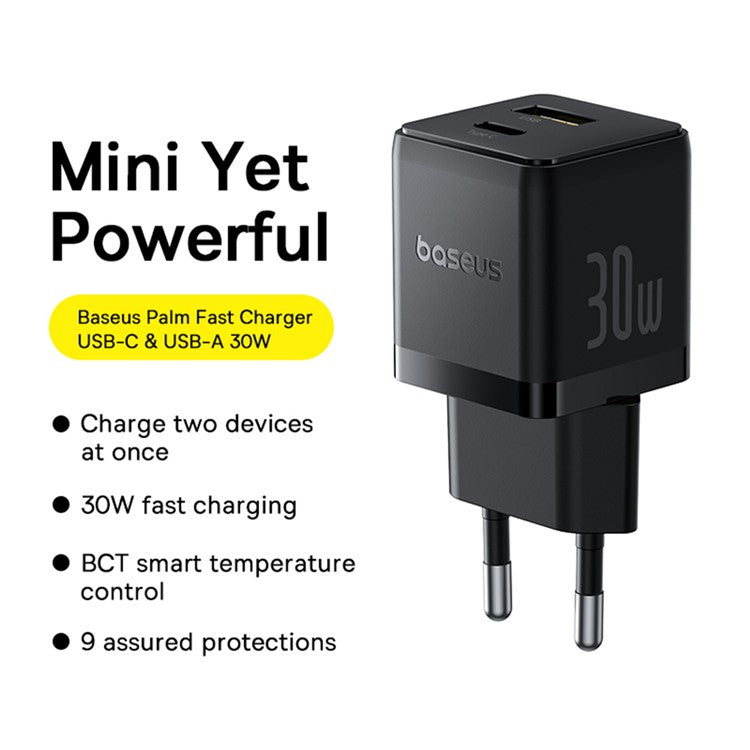BASEUS Palm Fast Charger 30W Type-C+USB Dual Port EU Plug Wall Charging Adapter with 60W Type-C Cable - Black
