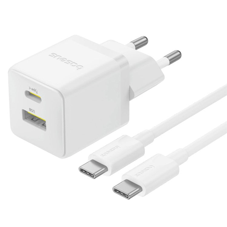 BASEUS Palm Fast Charger 30W Type-C+USB Dual Port EU Plug Wall Charging Adapter with 60W Type-C Cable - White
