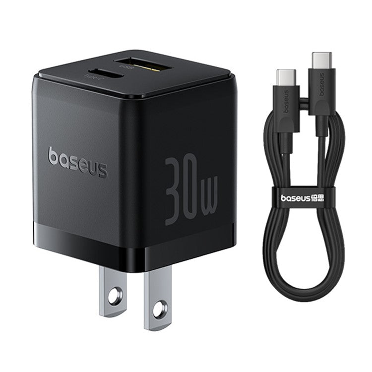 BASEUS Palm Fast Charger 30W Type-C+USB Dual Port US Plug Wall Charging Adapter with 60W Type-C Cable - Black