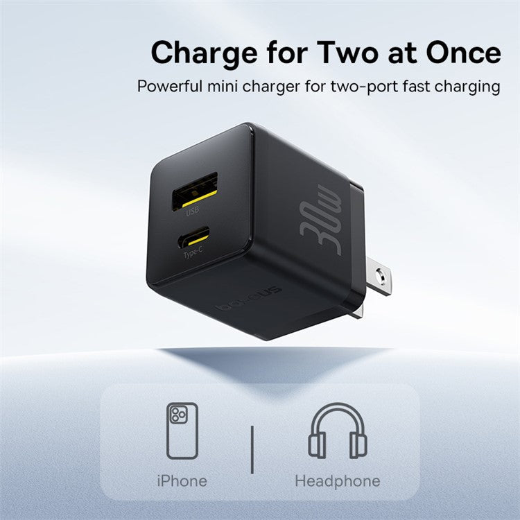 BASEUS Palm Fast Charger 30W Type-C+USB Dual Port US Plug Wall Charging Adapter with 60W Type-C Cable - Black